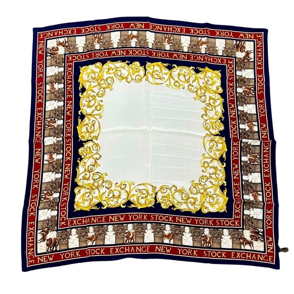 Vintage New York Stock Exchange 100% Silk Scarf– Navy, Red & Gold Baroque Design - Picture 1 of 3
